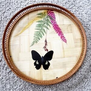 Mid Century Barware Pressed Black Butterfly Bamboo Serving Tray Flower Vintage